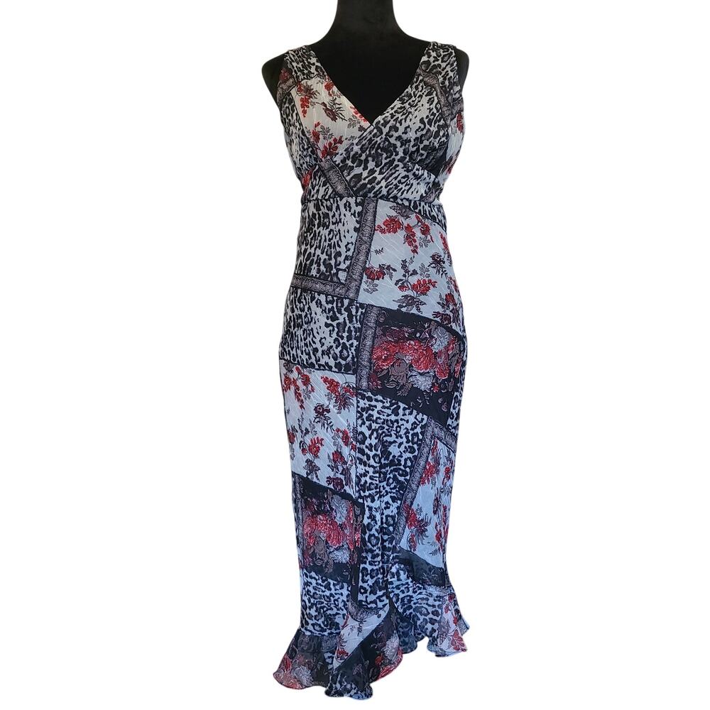 VTG 90s Y2K Zoey Beth Patchwork Dress Womens S Floral Animal Midi Handkerchief